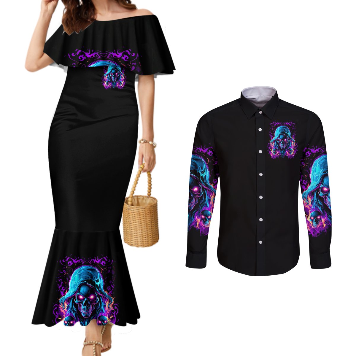 Flame Skull Couples Matching Mermaid Dress and Long Sleeve Button Shirt Did I Piss You Off That Great At Least I'm Doing Something Right