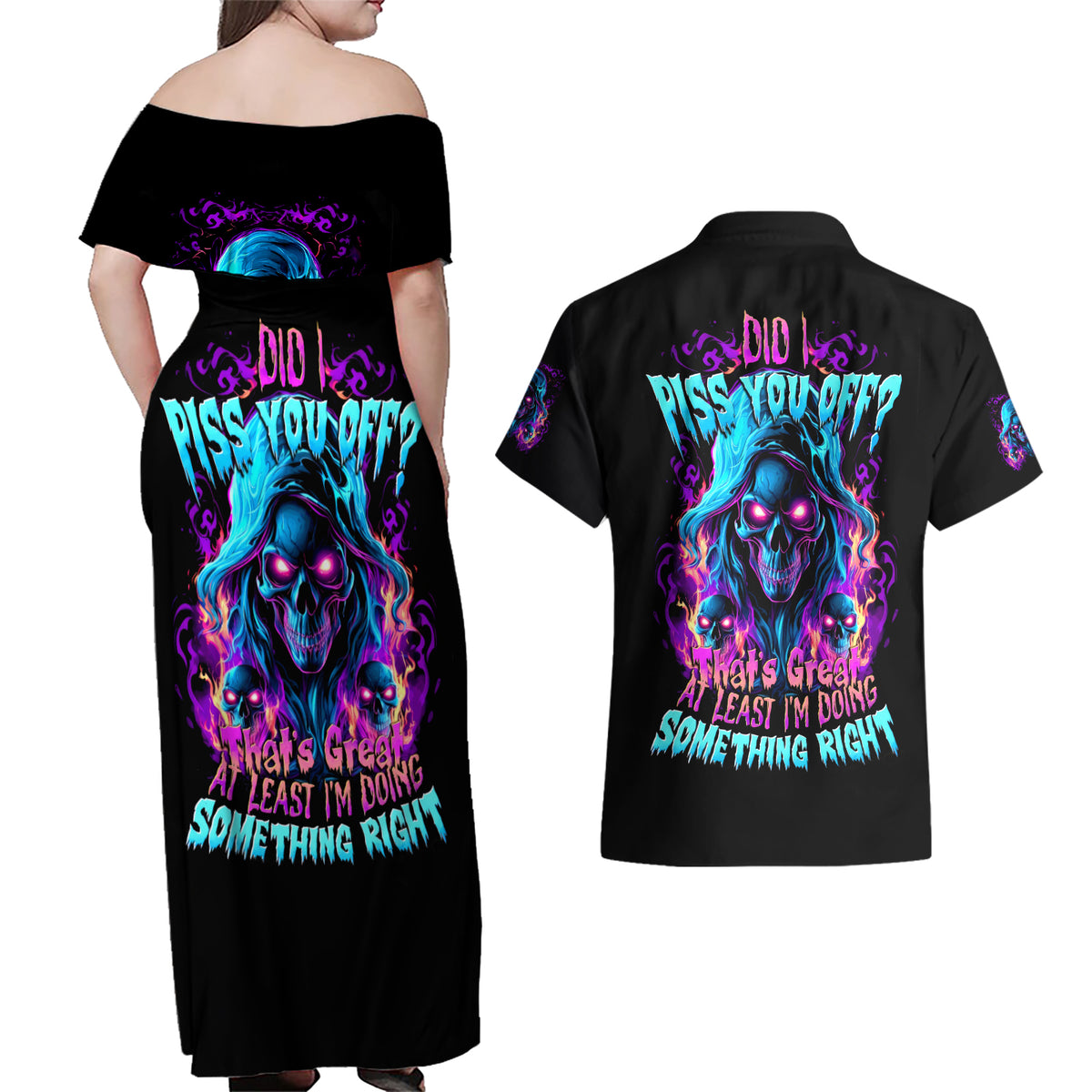 Flame Skull Couples Matching Off Shoulder Maxi Dress and Hawaiian Shirt Did I Piss You Off That Great At Least I'm Doing Something Right - Wonder Print Shop