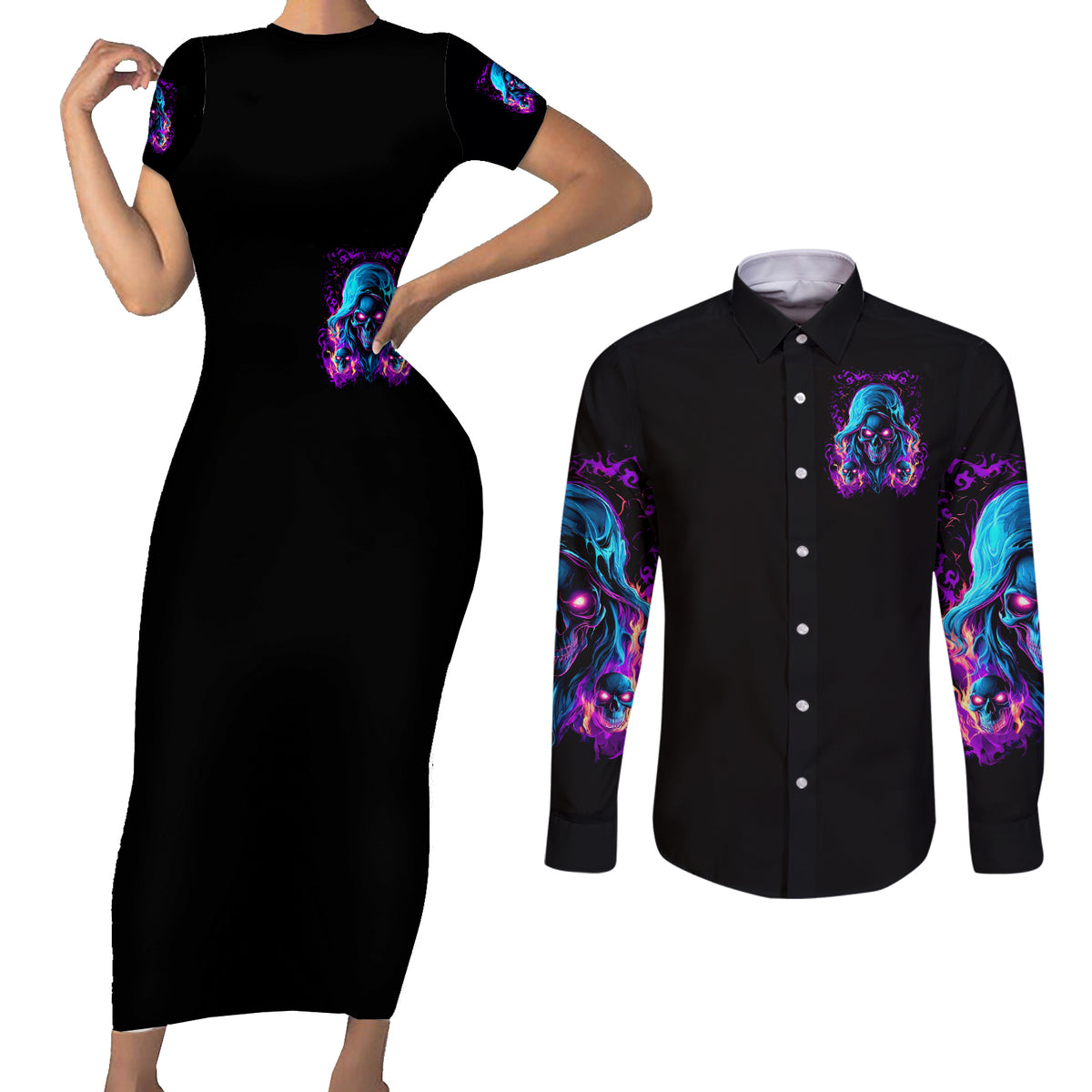Flame Skull Couples Matching Short Sleeve Bodycon Dress and Long Sleeve Button Shirt Did I Piss You Off That Great At Least I'm Doing Something Right - Wonder Print Shop
