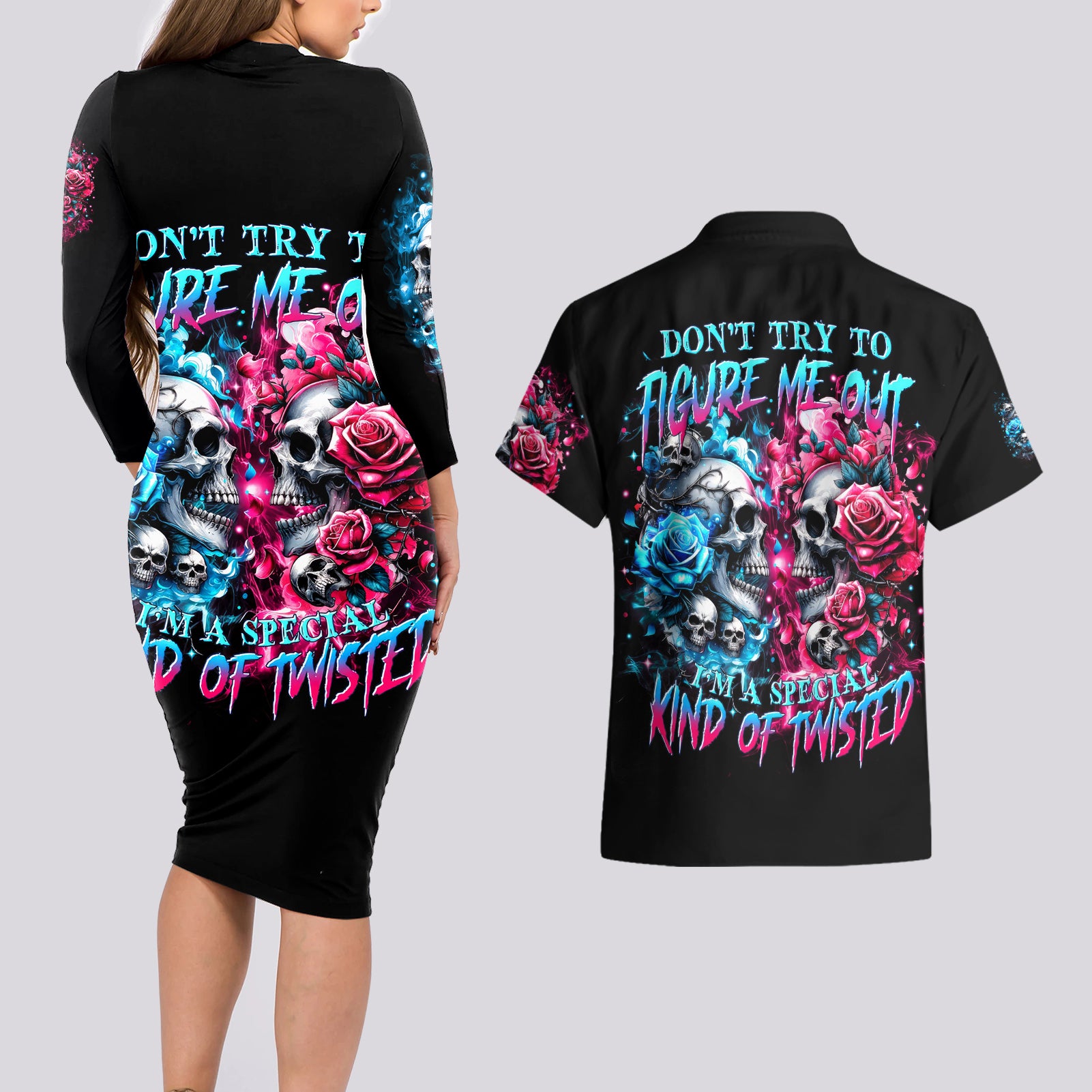 Couple Skull Couples Matching Long Sleeve Bodycon Dress and Hawaiian Shirt Don't Try To Figure Me Out I'm Special - Wonder Print Shop
