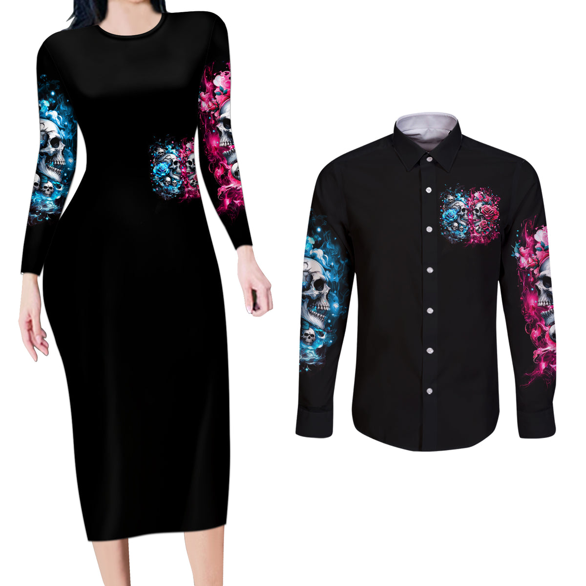 Couple Skull Couples Matching Long Sleeve Bodycon Dress and Long Sleeve Button Shirt Don't Try To Figure Me Out I'm Special - Wonder Print Shop