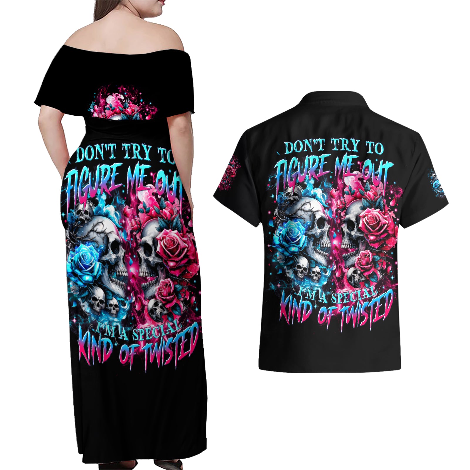 Couple Skull Couples Matching Off Shoulder Maxi Dress and Hawaiian Shirt Don't Try To Figure Me Out I'm Special - Wonder Print Shop