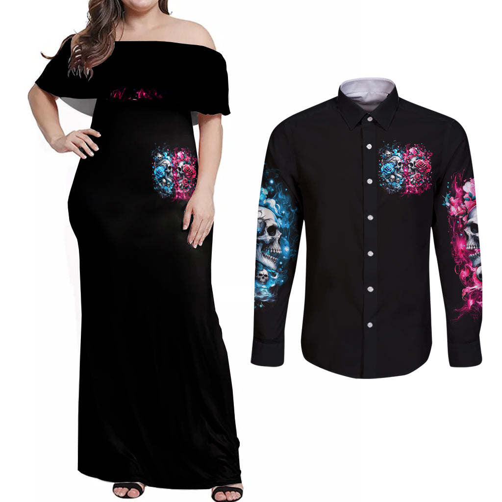 Couple Skull Couples Matching Off Shoulder Maxi Dress and Long Sleeve Button Shirt Don't Try To Figure Me Out I'm Special - Wonder Print Shop