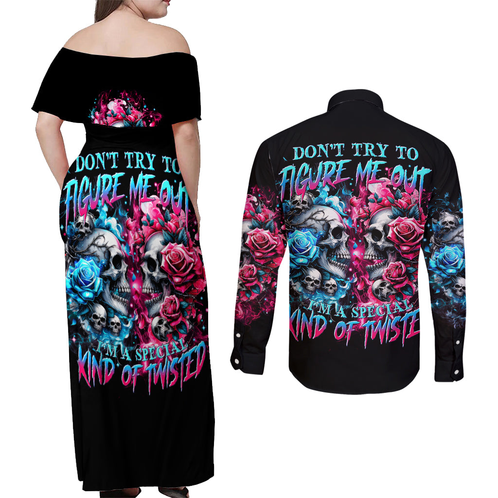Couple Skull Couples Matching Off Shoulder Maxi Dress and Long Sleeve Button Shirt Don't Try To Figure Me Out I'm Special - Wonder Print Shop