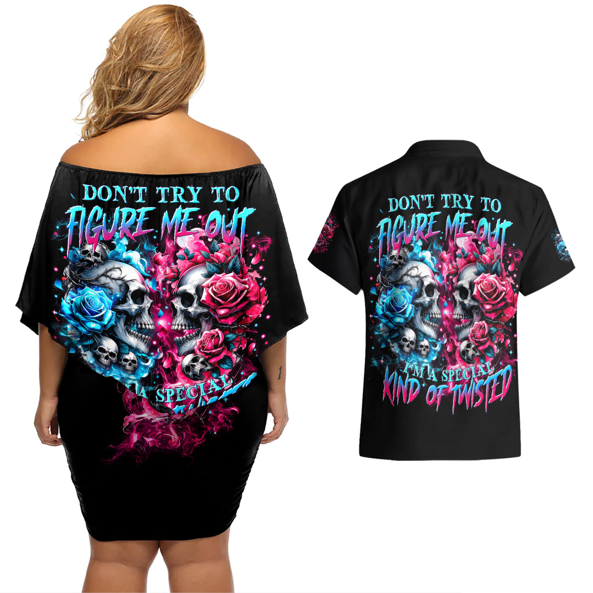 Couple Skull Couples Matching Off Shoulder Short Dress and Hawaiian Shirt Don't Try To Figure Me Out I'm Special - Wonder Print Shop