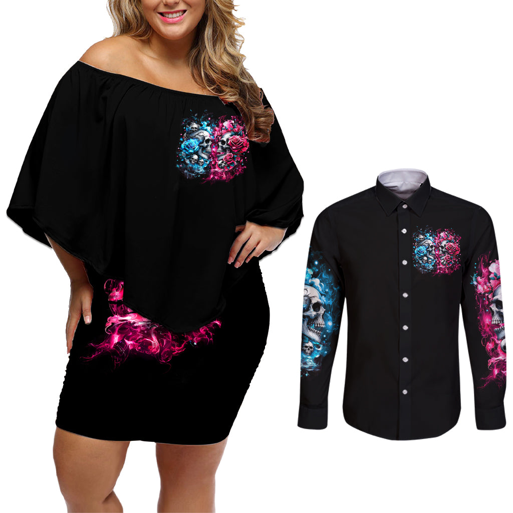 Couple Skull Couples Matching Off Shoulder Short Dress and Long Sleeve Button Shirt Don't Try To Figure Me Out I'm Special - Wonder Print Shop