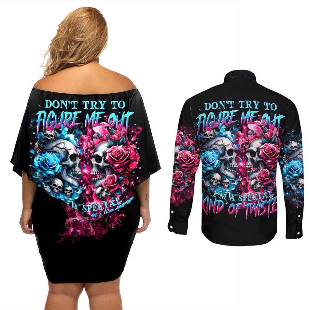 Couple Skull Couples Matching Off Shoulder Short Dress and Long Sleeve Button Shirt Don't Try To Figure Me Out I'm Special - Wonder Print Shop