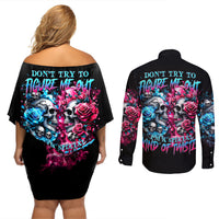 Couple Skull Couples Matching Off Shoulder Short Dress and Long Sleeve Button Shirt Don't Try To Figure Me Out I'm Special - Wonder Print Shop