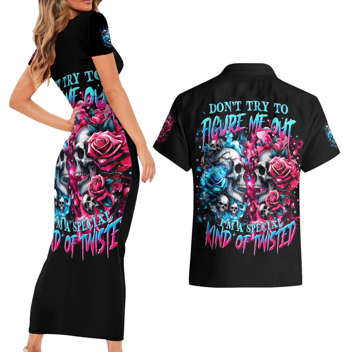 Couple Skull Couples Matching Short Sleeve Bodycon Dress and Hawaiian Shirt Don't Try To Figure Me Out I'm Special - Wonder Print Shop