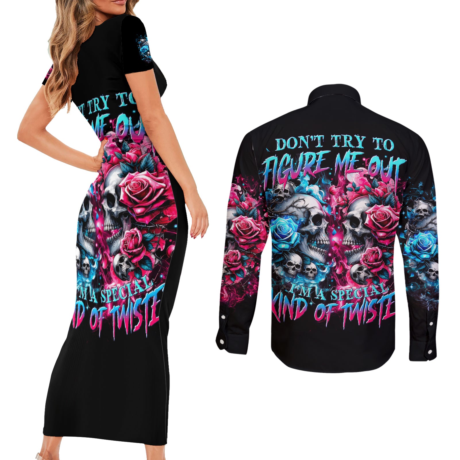 Couple Skull Couples Matching Short Sleeve Bodycon Dress and Long Sleeve Button Shirt Don't Try To Figure Me Out I'm Special - Wonder Print Shop