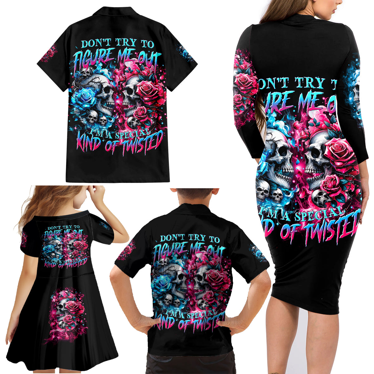 Couple Skull Family Matching Long Sleeve Bodycon Dress and Hawaiian Shirt Don't Try To Figure Me Out I'm Special - Wonder Print Shop