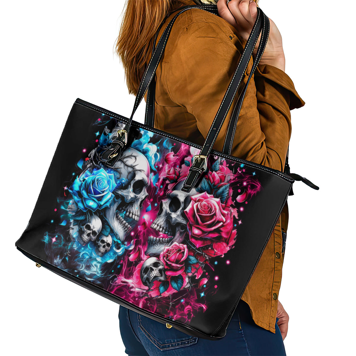 Couple Skull Leather Tote Bag Don't Try To Figure Me Out I'm Special - Wonder Print Shop