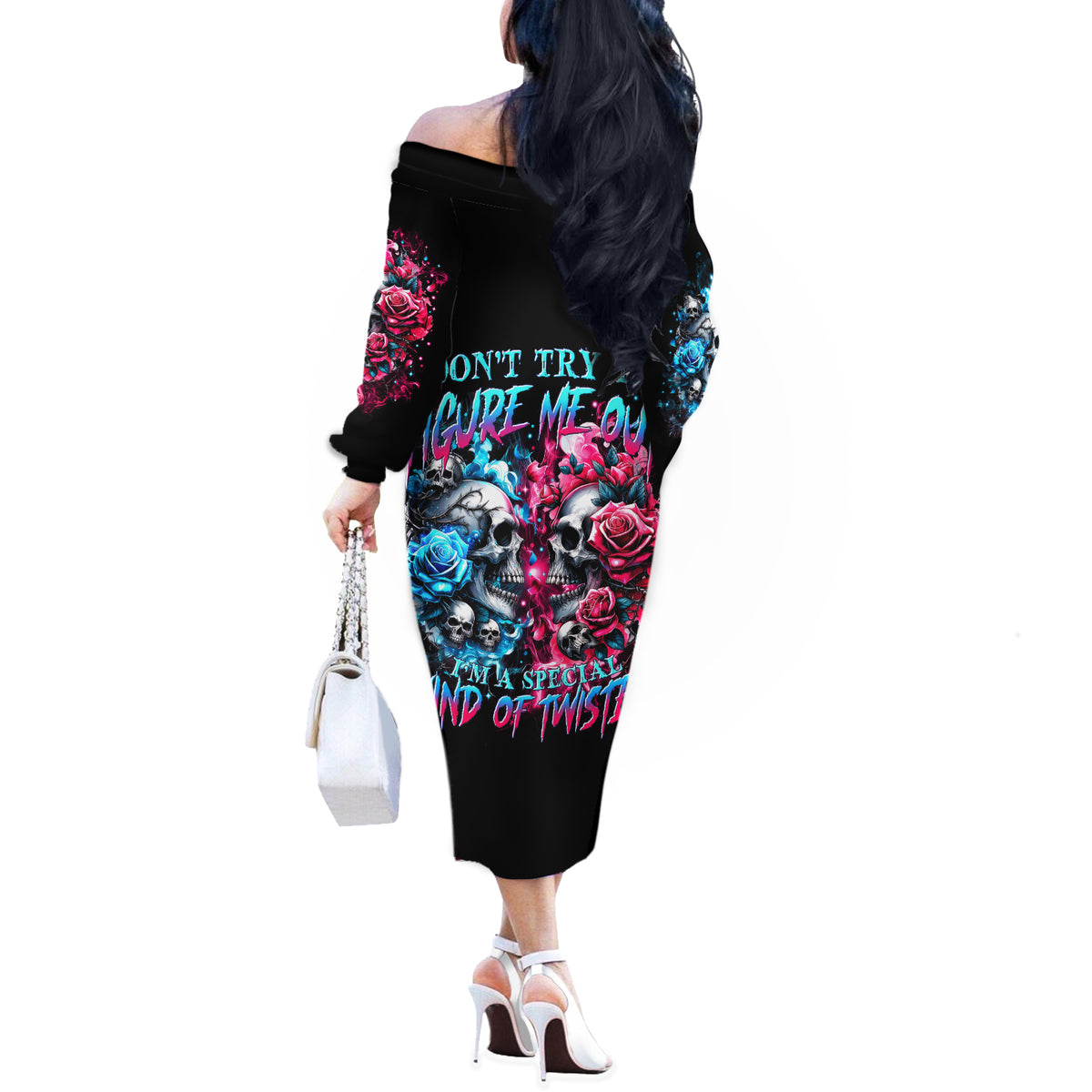 Couple Skull Off The Shoulder Long Sleeve Dress Don't Try To Figure Me Out I'm Special - Wonder Print Shop