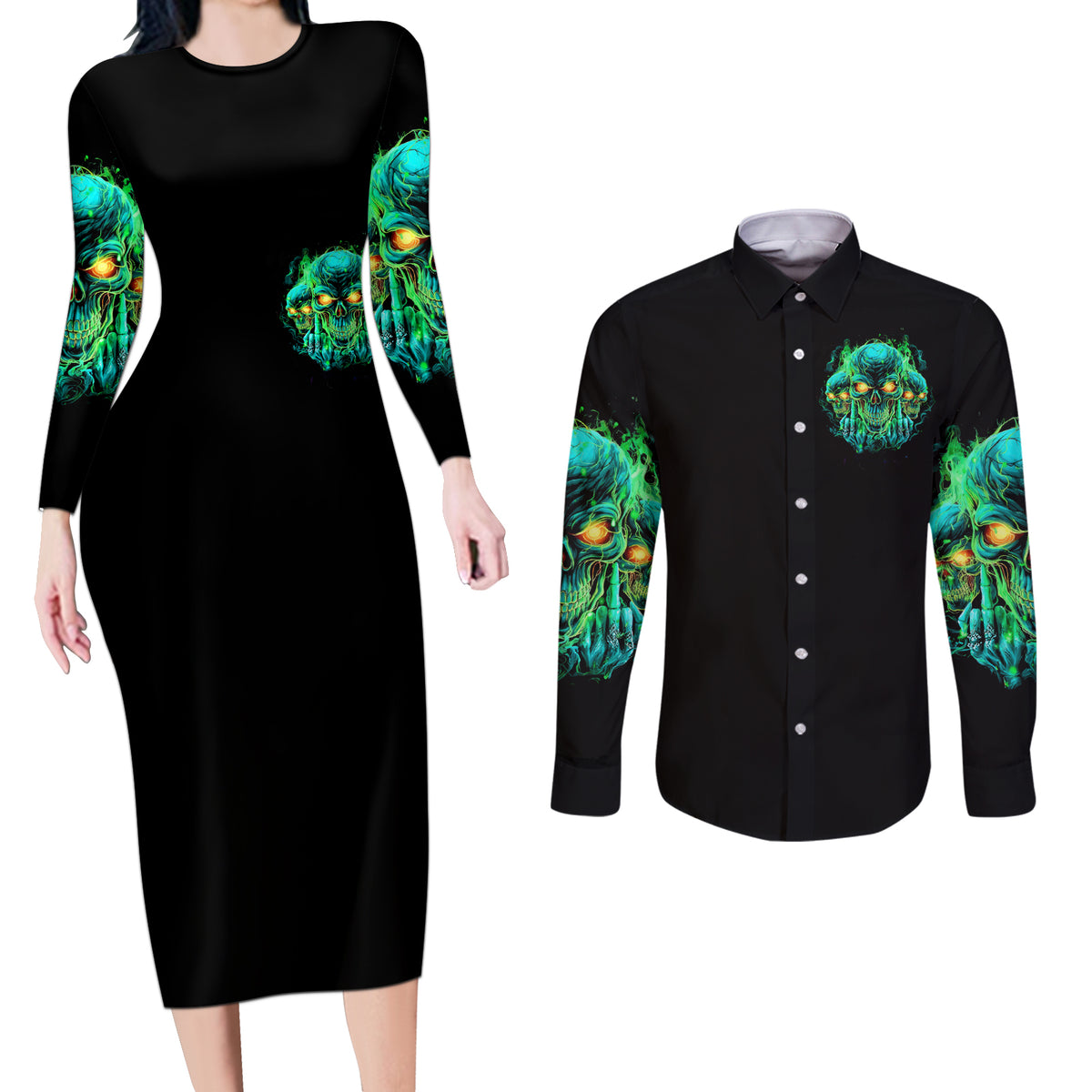Flame Skull Couples Matching Long Sleeve Bodycon Dress and Long Sleeve Button Shirt Fuck You You Fuckin Fuck - Wonder Print Shop