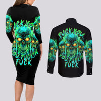 Flame Skull Couples Matching Long Sleeve Bodycon Dress and Long Sleeve Button Shirt Fuck You You Fuckin Fuck - Wonder Print Shop