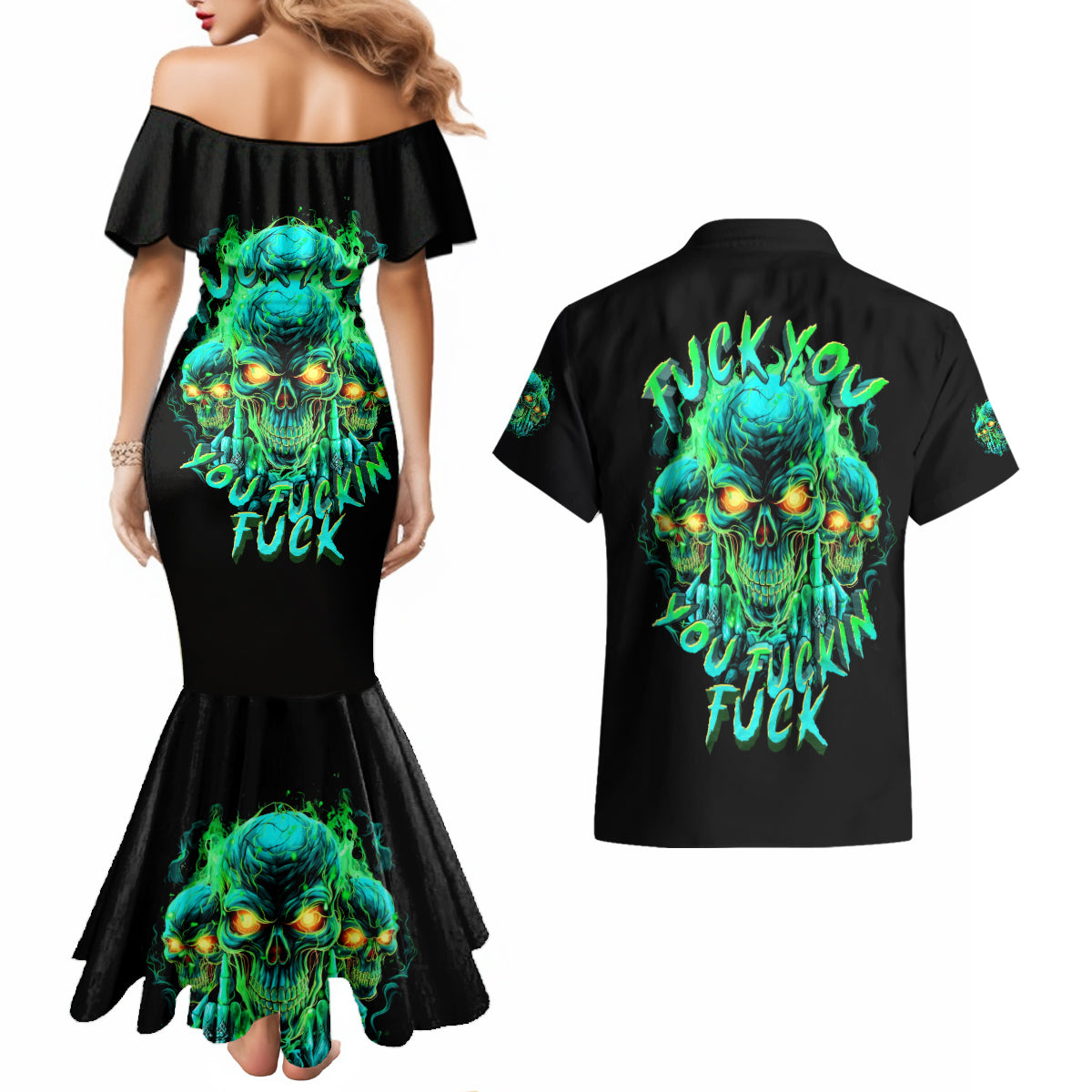 Flame Skull Couples Matching Mermaid Dress and Hawaiian Shirt Fuck You You Fuckin Fuck - Wonder Print Shop