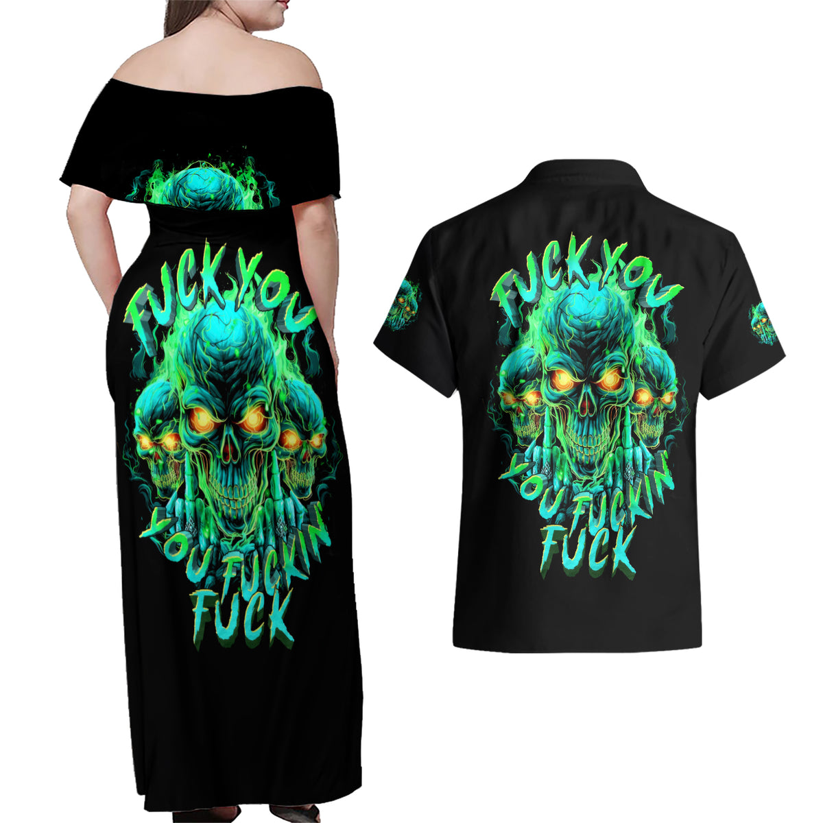 Flame Skull Couples Matching Off Shoulder Maxi Dress and Hawaiian Shirt Fuck You You Fuckin Fuck - Wonder Print Shop