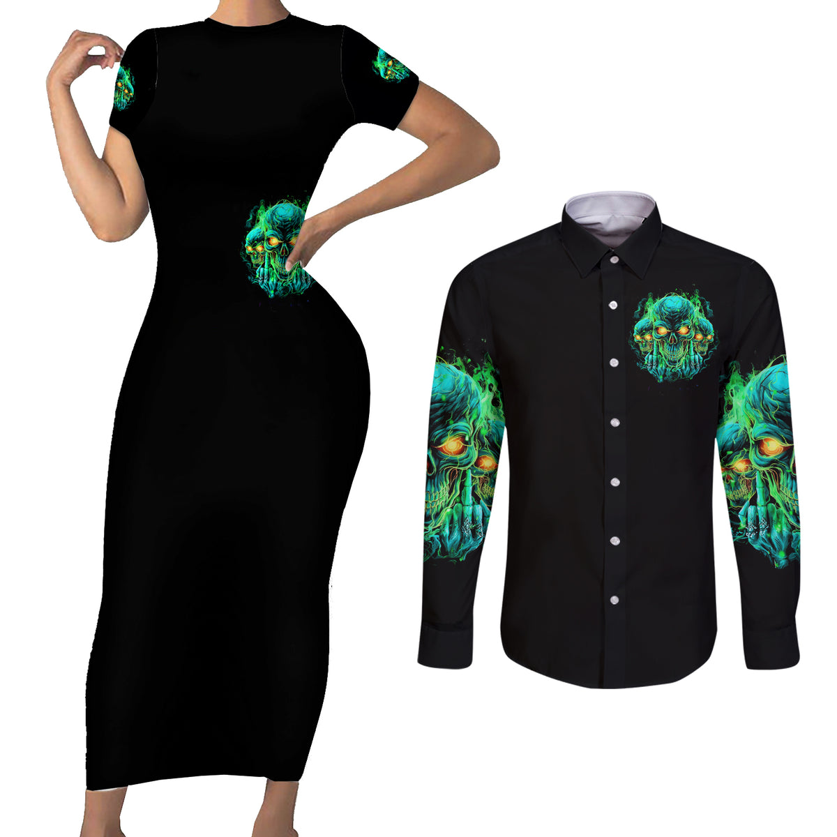 Flame Skull Couples Matching Short Sleeve Bodycon Dress and Long Sleeve Button Shirt Fuck You You Fuckin Fuck - Wonder Print Shop