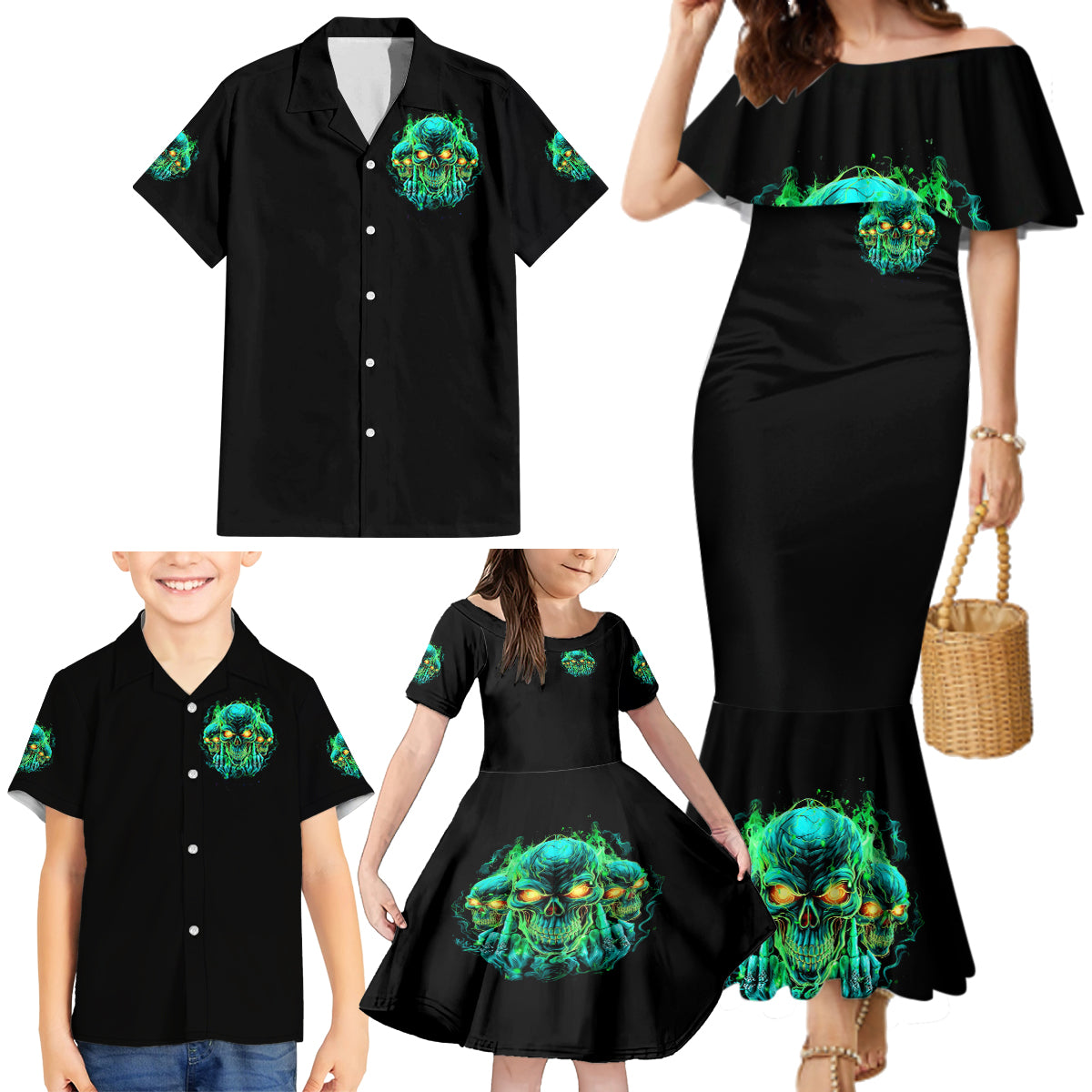 Flame Skull Family Matching Mermaid Dress and Hawaiian Shirt Fuck You You Fuckin Fuck - Wonder Print Shop
