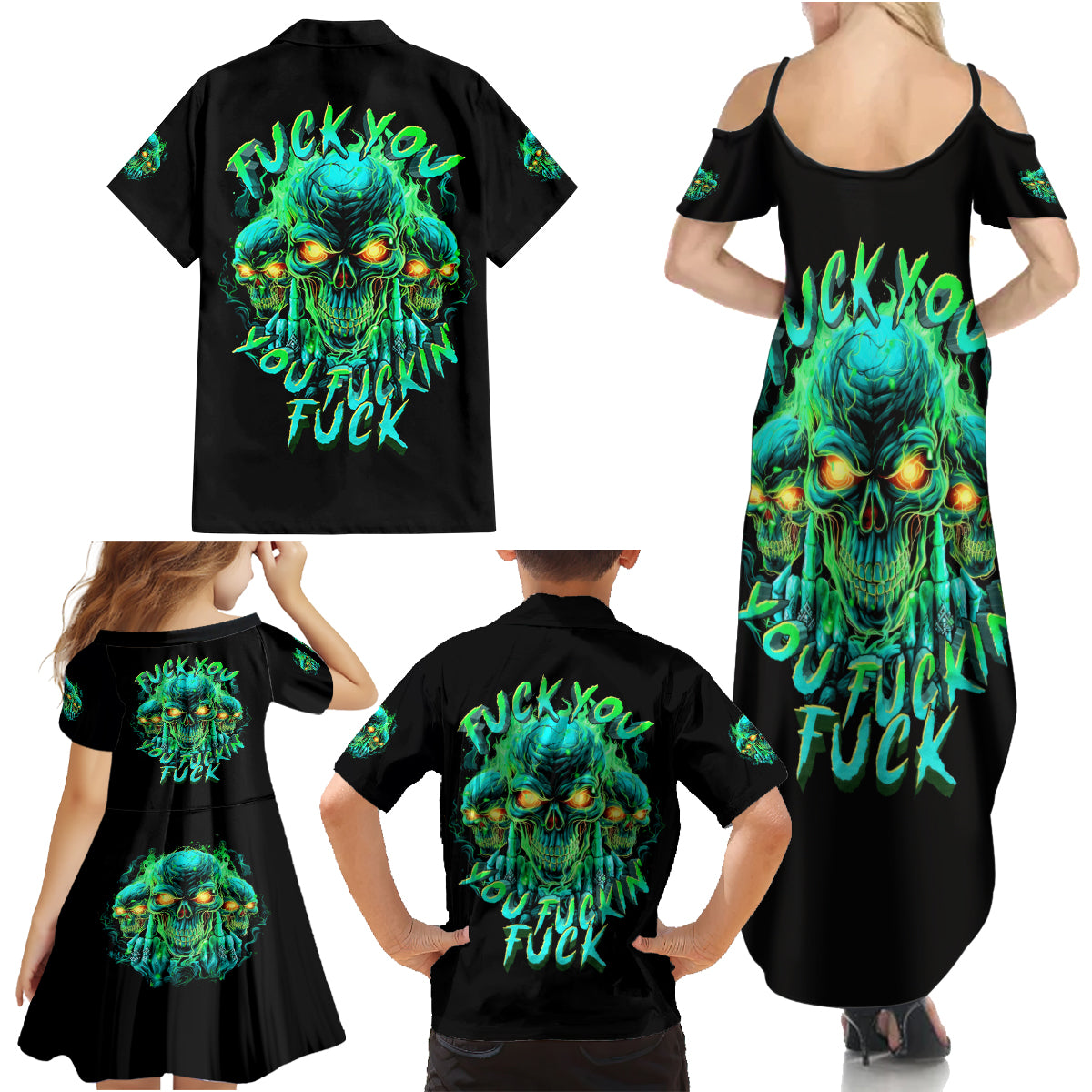Flame Skull Family Matching Summer Maxi Dress and Hawaiian Shirt Fuck You You Fuckin Fuck - Wonder Print Shop