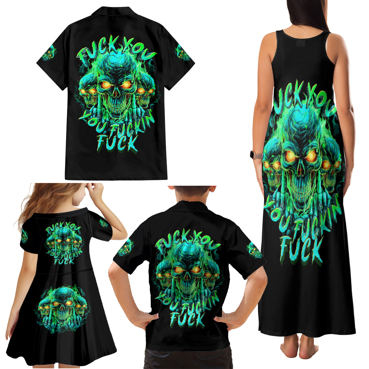 Flame Skull Family Matching Tank Maxi Dress and Hawaiian Shirt Fuck You You Fuckin Fuck - Wonder Print Shop