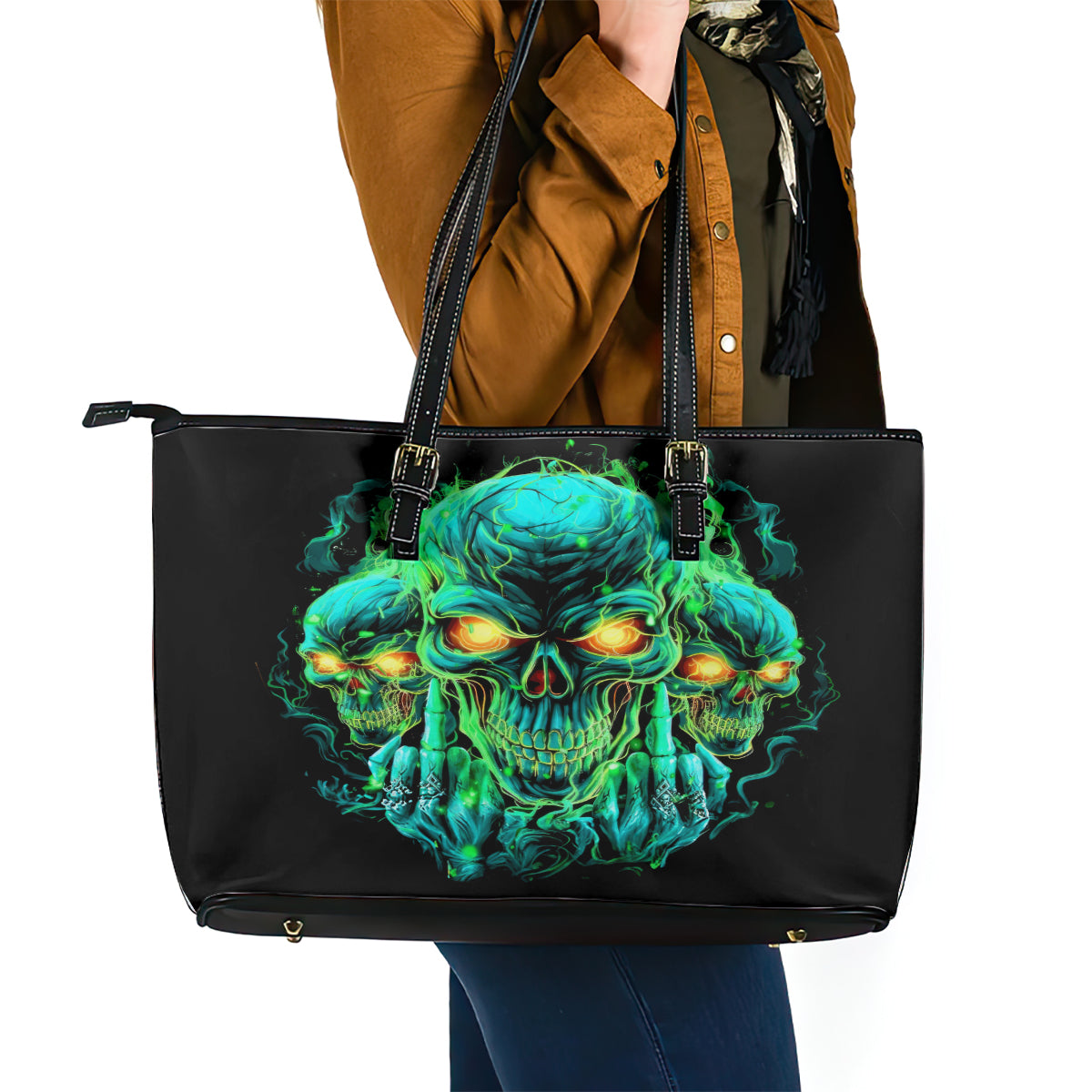 Flame Skull Leather Tote Bag Fuck You You Fuckin Fuck - Wonder Print Shop
