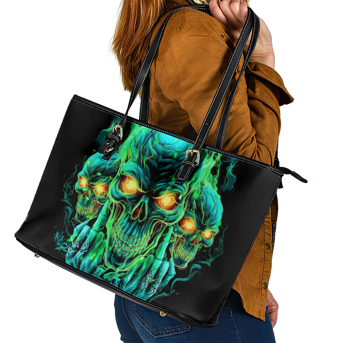 Flame Skull Leather Tote Bag Fuck You You Fuckin Fuck - Wonder Print Shop