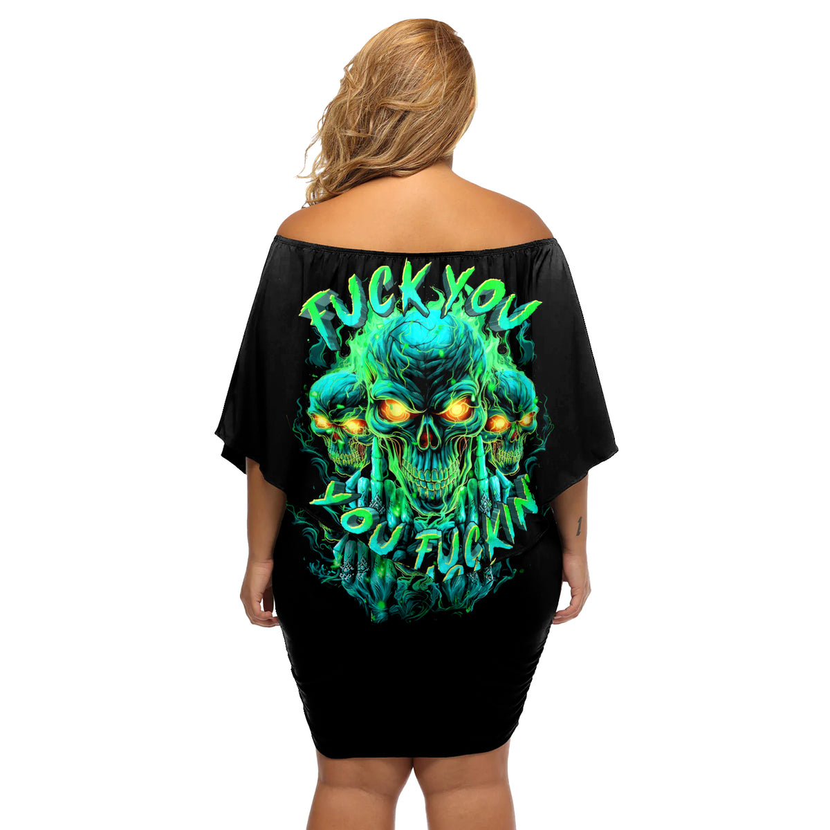Flame Skull Off Shoulder Short Dress Fuck You You Fuckin Fuck - Wonder Print Shop