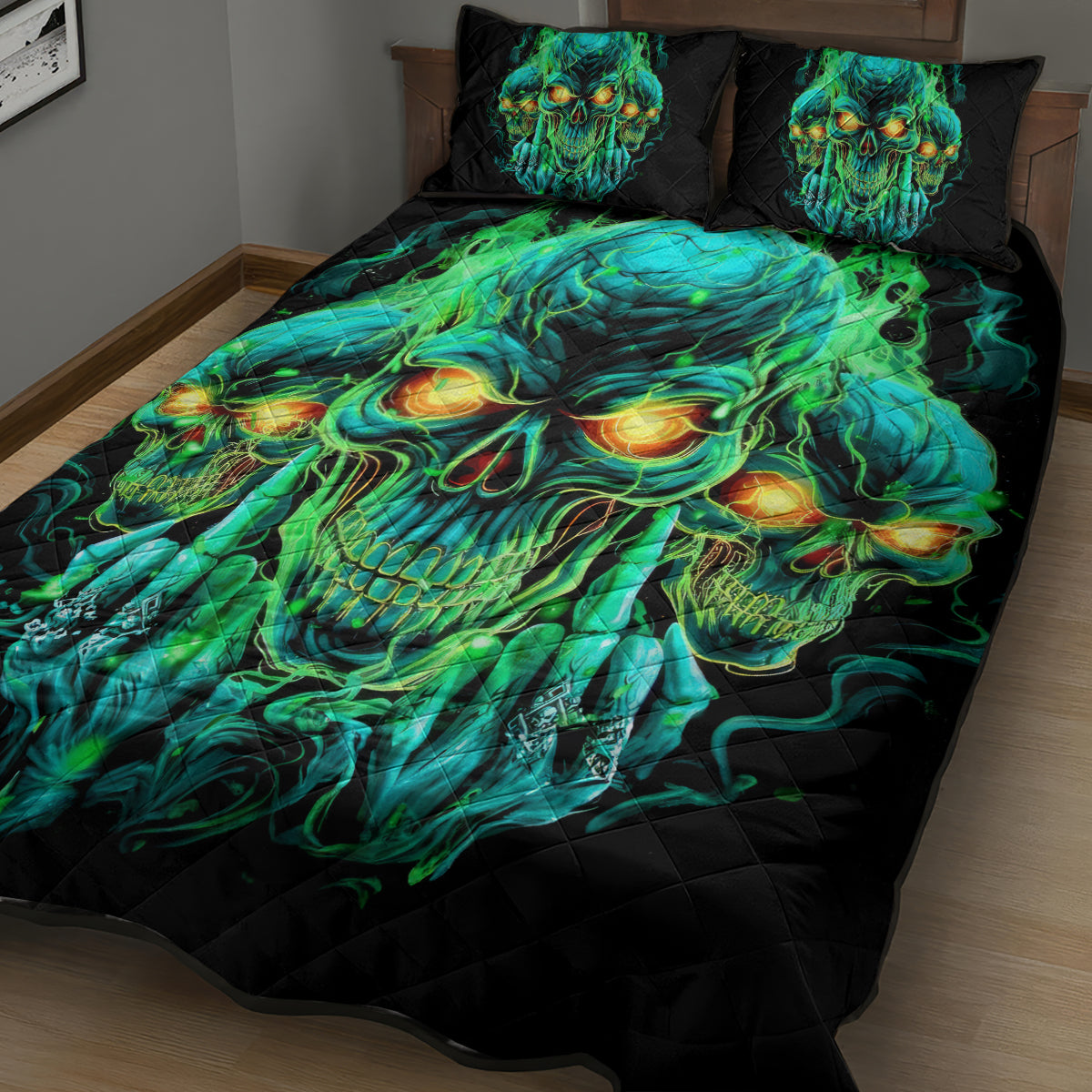 Flame Skull Quilt Bed Set Fuck You You Fuckin Fuck - Wonder Print Shop