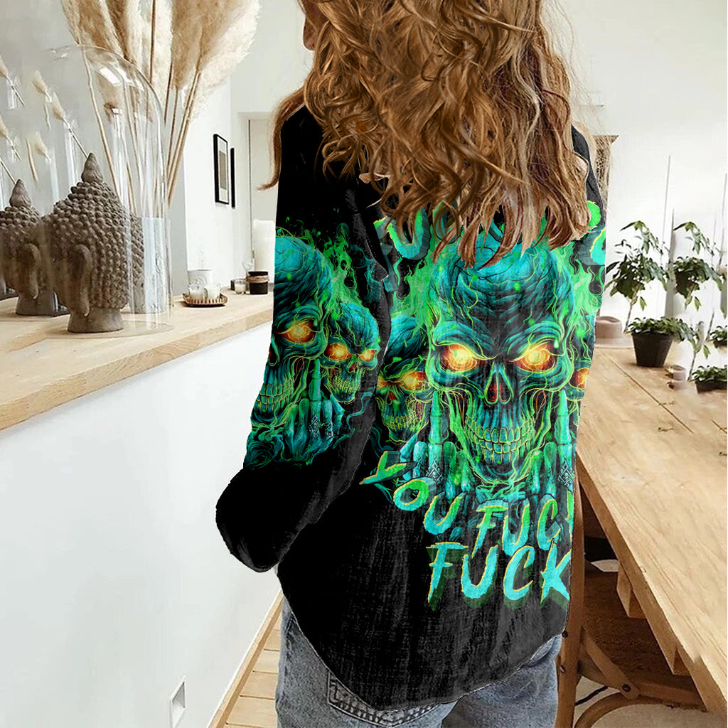 Flame Skull Women Casual Shirt Fuck You You Fuckin Fuck - Wonder Print Shop