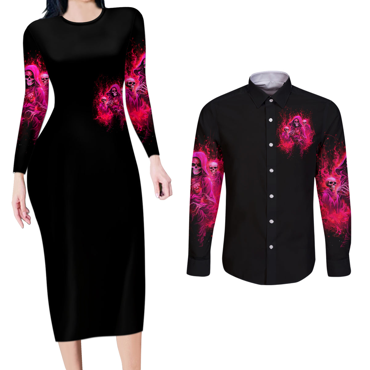 Flame Skull Couples Matching Long Sleeve Bodycon Dress and Long Sleeve Button Shirt I Have 3 Sides Quite Sweet Funny Crazy And The Side You Never See - Wonder Print Shop