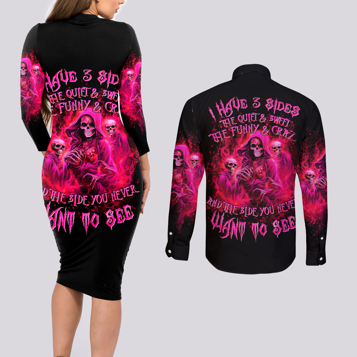 Flame Skull Couples Matching Long Sleeve Bodycon Dress and Long Sleeve Button Shirt I Have 3 Sides Quite Sweet Funny Crazy And The Side You Never See - Wonder Print Shop
