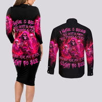 Flame Skull Couples Matching Long Sleeve Bodycon Dress and Long Sleeve Button Shirt I Have 3 Sides Quite Sweet Funny Crazy And The Side You Never See - Wonder Print Shop
