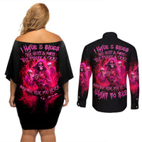 Flame Skull Couples Matching Off Shoulder Short Dress and Long Sleeve Button Shirt I Have 3 Sides Quite Sweet Funny Crazy And The Side You Never See - Wonder Print Shop