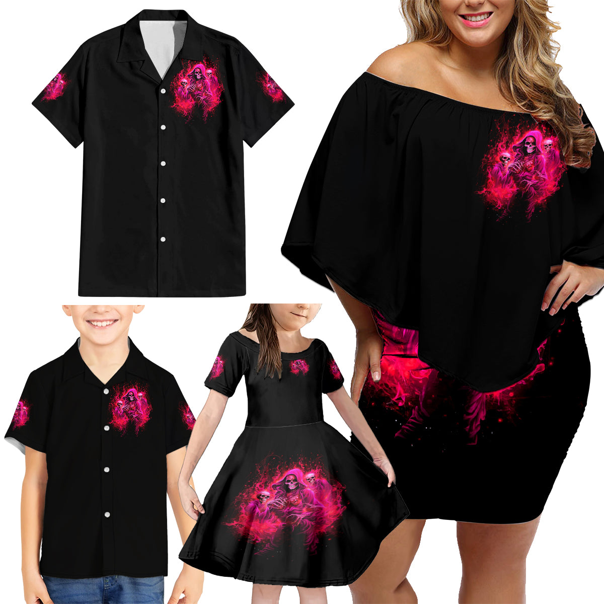 Flame Skull Family Matching Off Shoulder Short Dress and Hawaiian Shirt I Have 3 Sides Quite Sweet Funny Crazy And The Side You Never See - Wonder Print Shop