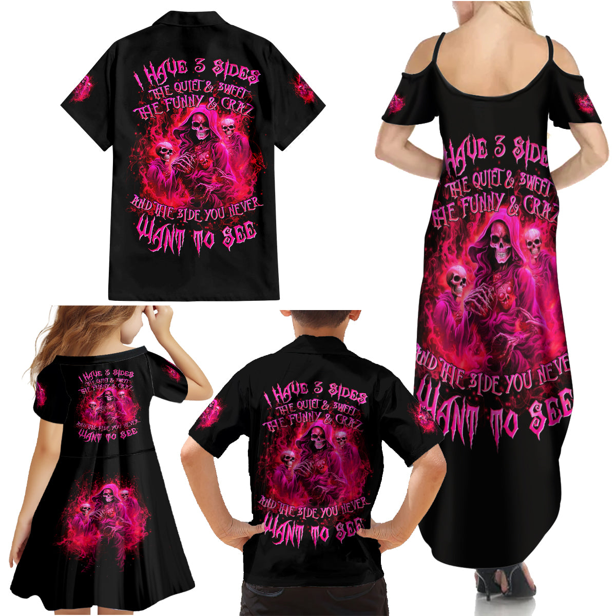 Flame Skull Family Matching Summer Maxi Dress and Hawaiian Shirt I Have 3 Sides Quite Sweet Funny Crazy And The Side You Never See - Wonder Print Shop