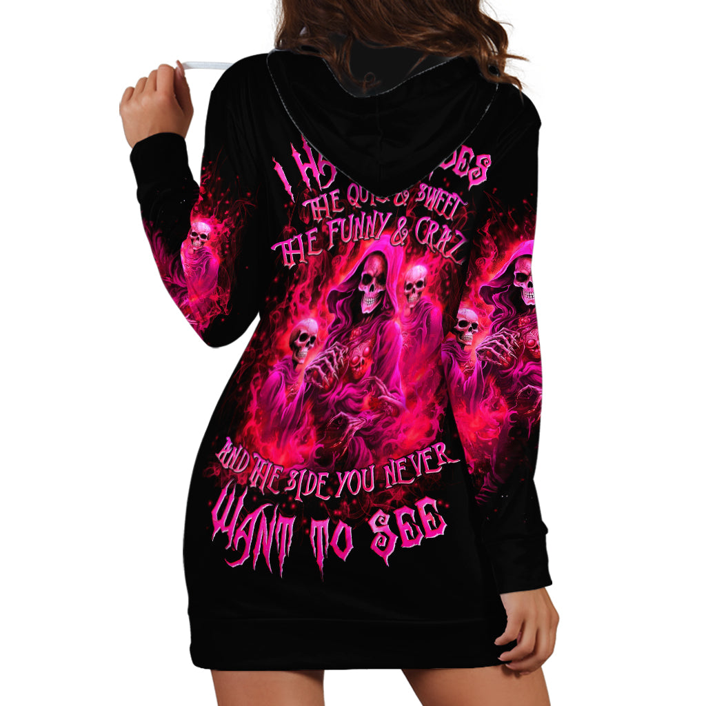Flame Skull Hoodie Dress I Have 3 Sides Quite Sweet Funny Crazy And The Side You Never See - Wonder Print Shop