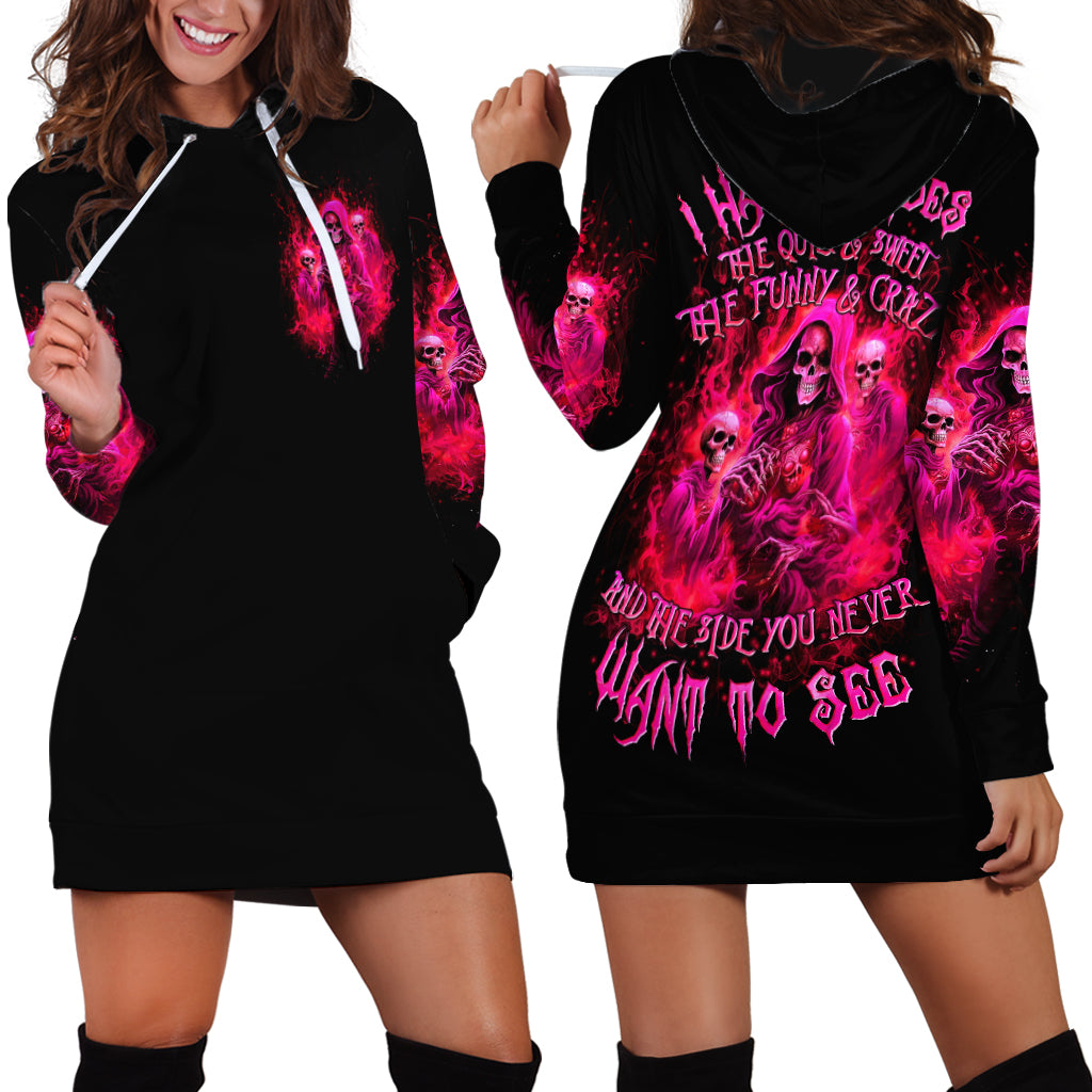 Flame Skull Hoodie Dress I Have 3 Sides Quite Sweet Funny Crazy And The Side You Never See - Wonder Print Shop