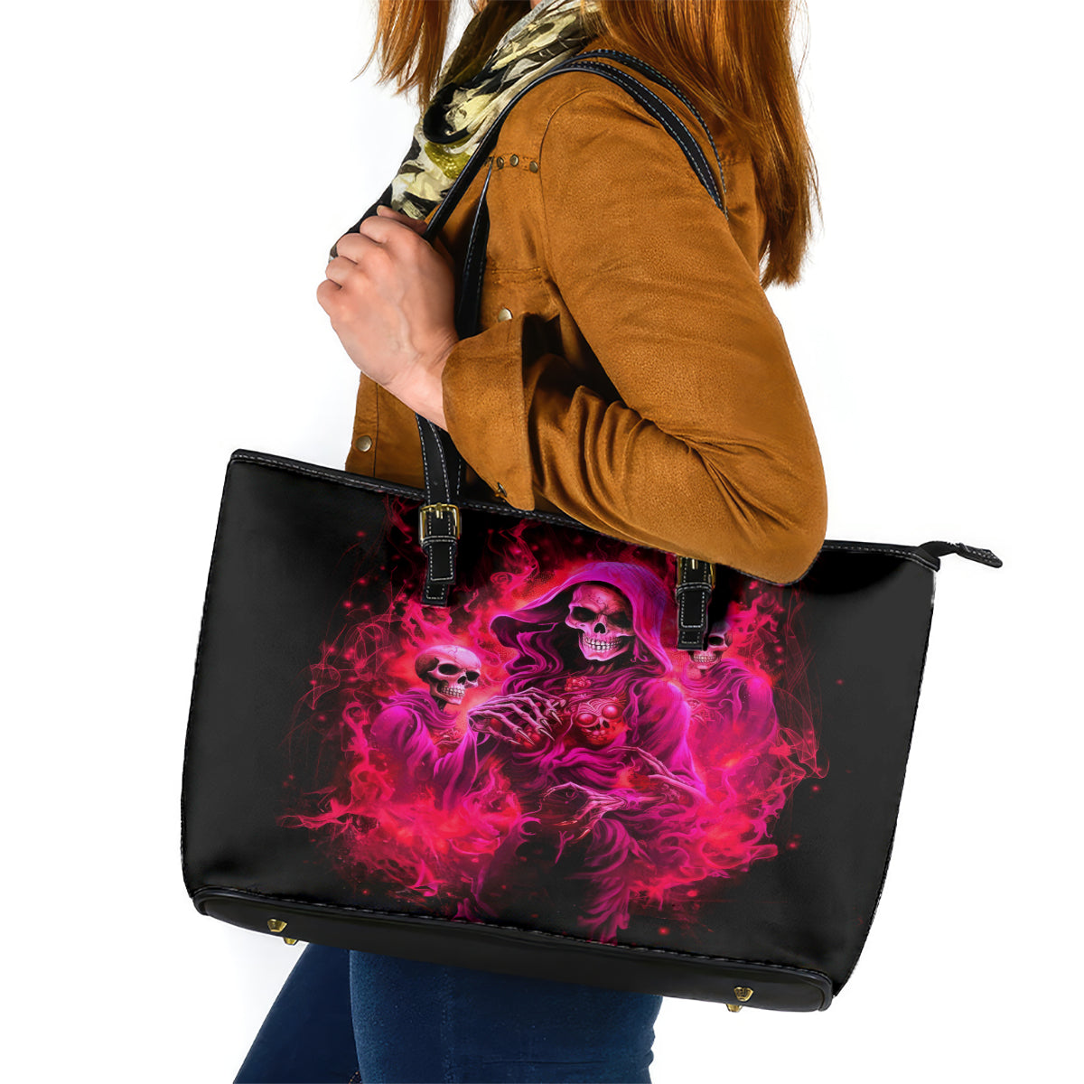Flame Skull Leather Tote Bag I Have 3 Sides Quite Sweet Funny Crazy And The Side You Never See - Wonder Print Shop