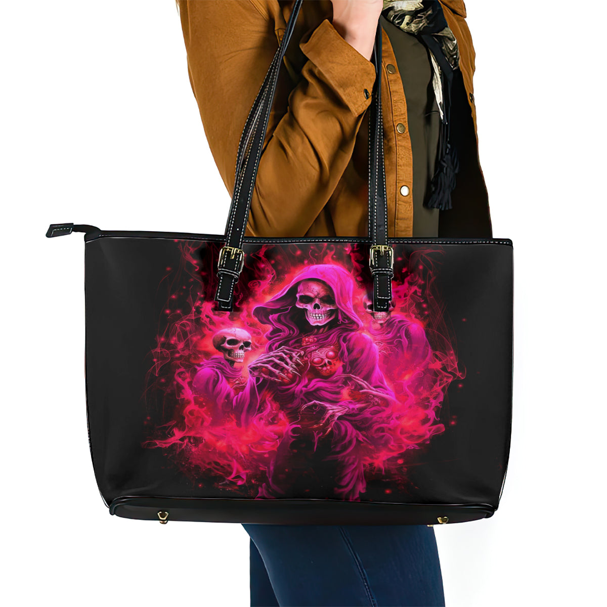 Flame Skull Leather Tote Bag I Have 3 Sides Quite Sweet Funny Crazy And The Side You Never See - Wonder Print Shop