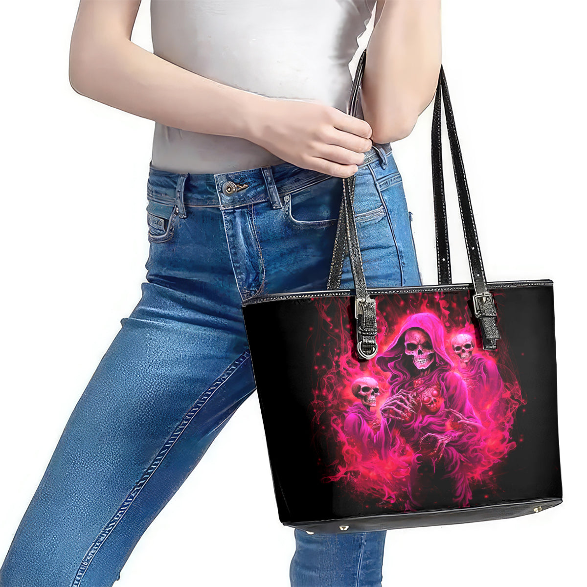 Flame Skull Leather Tote Bag I Have 3 Sides Quite Sweet Funny Crazy And The Side You Never See - Wonder Print Shop