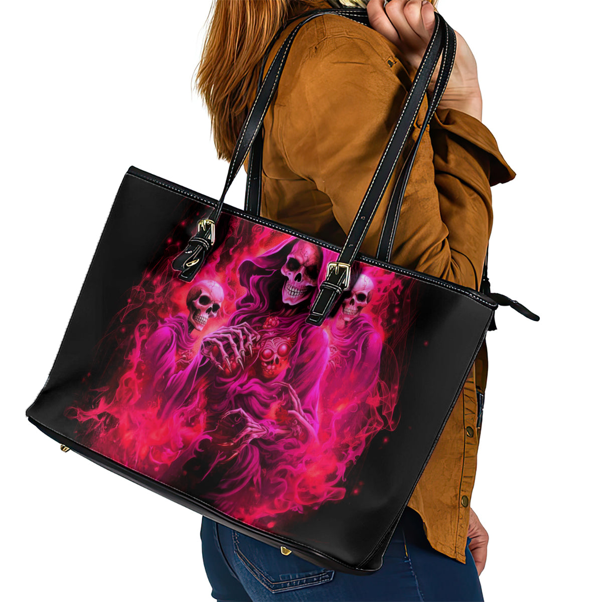 Flame Skull Leather Tote Bag I Have 3 Sides Quite Sweet Funny Crazy And The Side You Never See - Wonder Print Shop