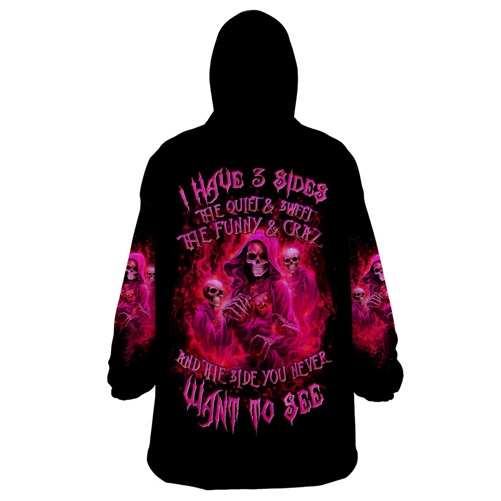 Flame Skull Wearable Blanket Hoodie I Have 3 Sides Quite Sweet Funny Crazy And The Side You Never See - Wonder Print Shop