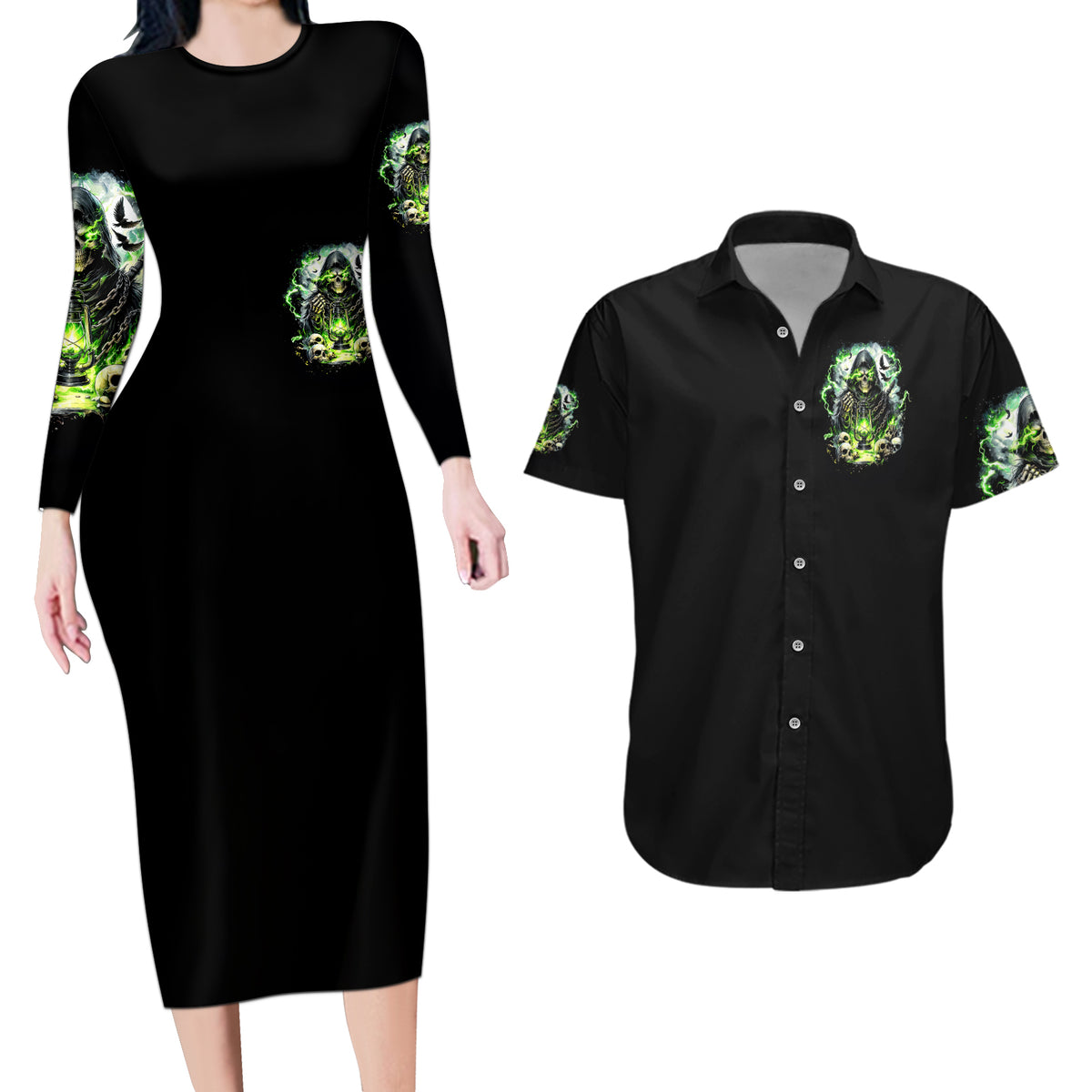 Reaper Skull Couples Matching Long Sleeve Bodycon Dress and Hawaiian Shirt I Think I Was Designed To Be Alone - Wonder Print Shop