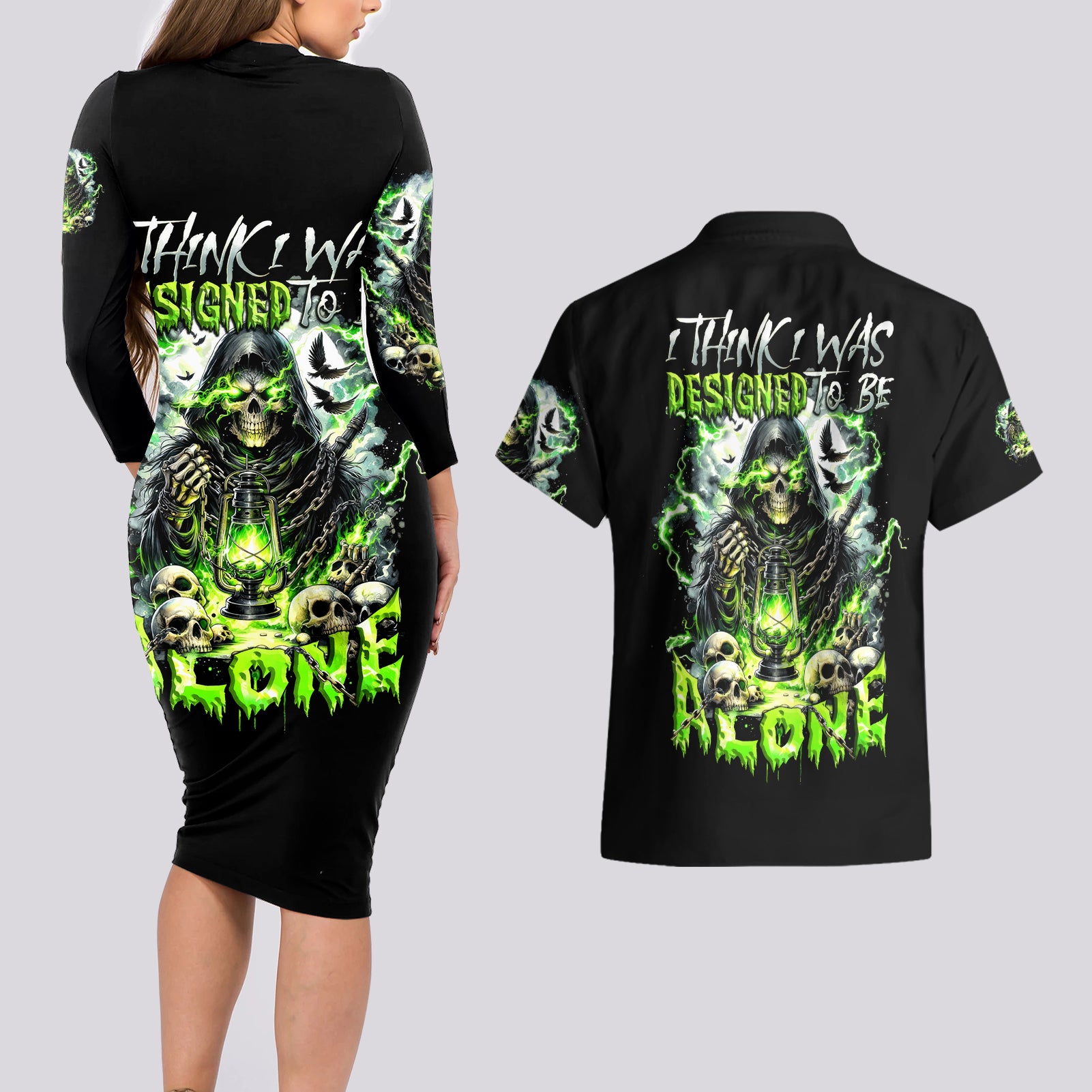 Reaper Skull Couples Matching Long Sleeve Bodycon Dress and Hawaiian Shirt I Think I Was Designed To Be Alone - Wonder Print Shop