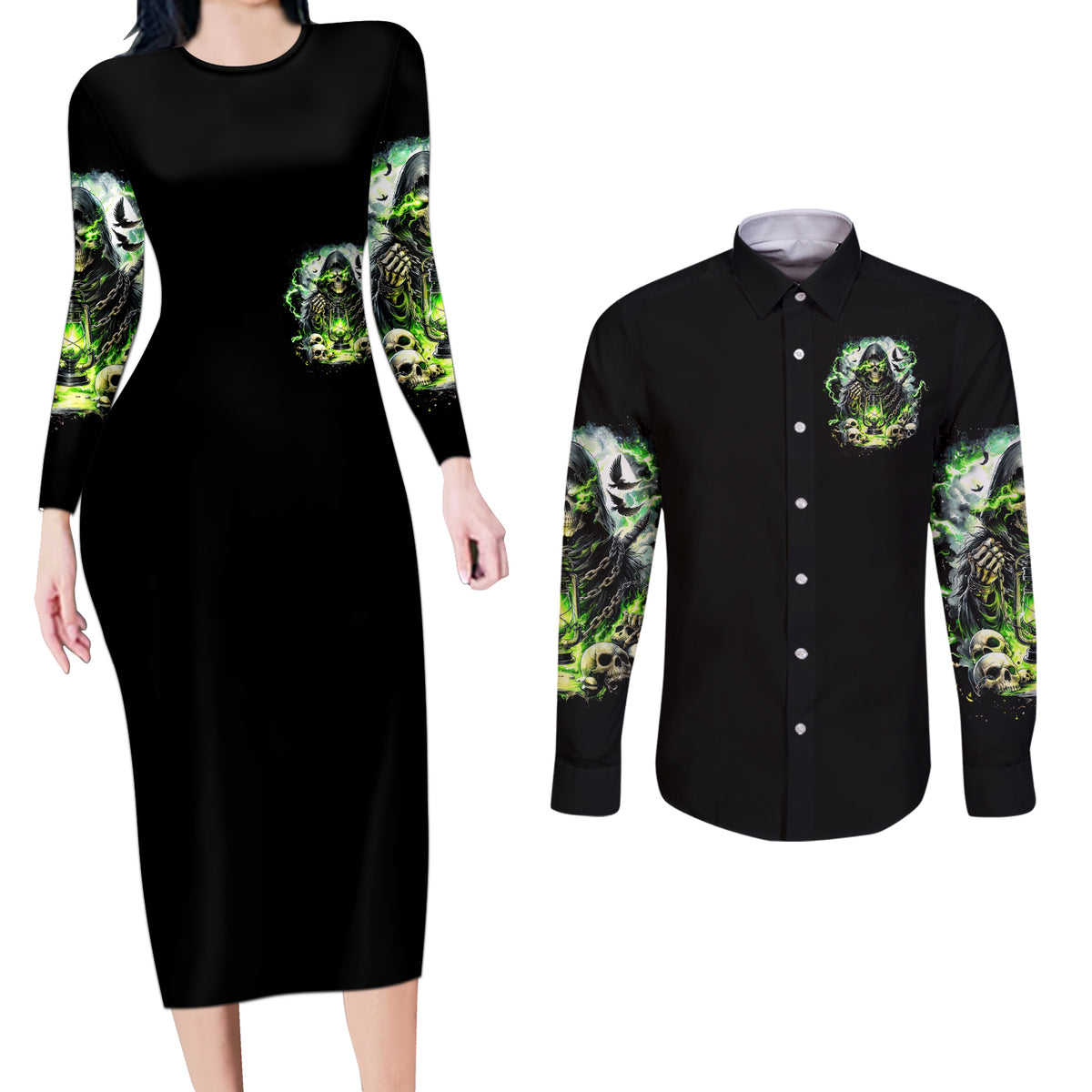 Reaper Skull Couples Matching Long Sleeve Bodycon Dress and Long Sleeve Button Shirt I Think I Was Designed To Be Alone - Wonder Print Shop