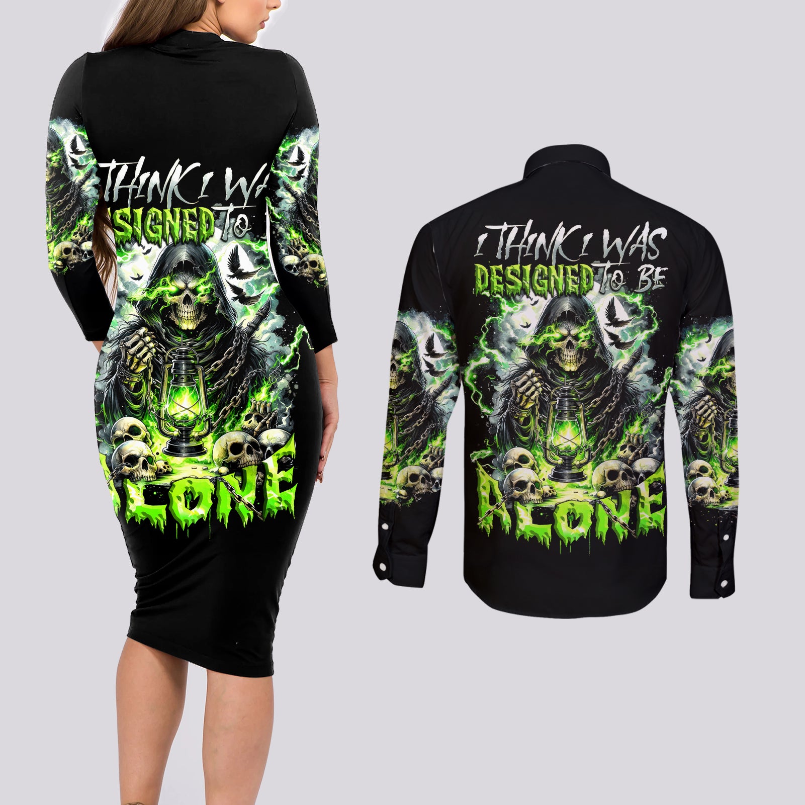 Reaper Skull Couples Matching Long Sleeve Bodycon Dress and Long Sleeve Button Shirt I Think I Was Designed To Be Alone - Wonder Print Shop