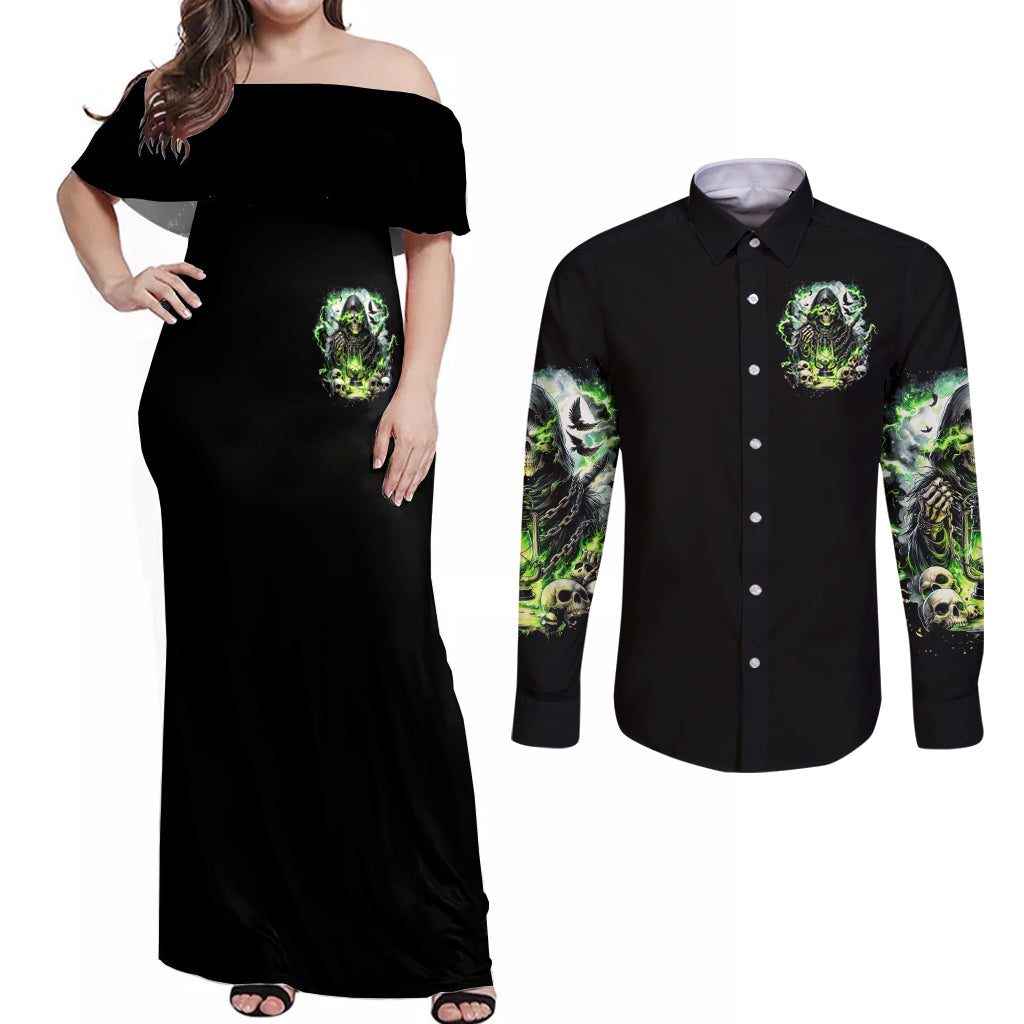 Reaper Skull Couples Matching Off Shoulder Maxi Dress and Long Sleeve Button Shirt I Think I Was Designed To Be Alone - Wonder Print Shop