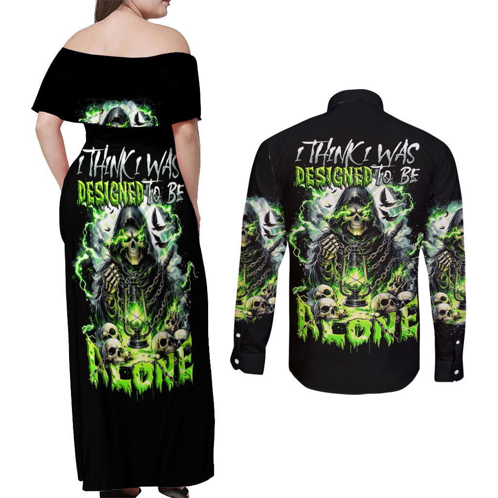 Reaper Skull Couples Matching Off Shoulder Maxi Dress and Long Sleeve Button Shirt I Think I Was Designed To Be Alone - Wonder Print Shop