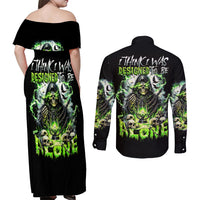Reaper Skull Couples Matching Off Shoulder Maxi Dress and Long Sleeve Button Shirt I Think I Was Designed To Be Alone - Wonder Print Shop